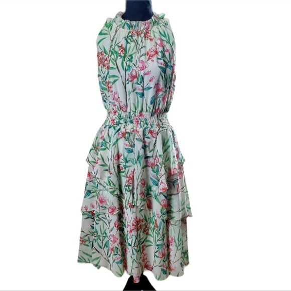 ELIZA J Floral Print Chiffon Halter Neck Sleeveless Smocked Waist Tiered Dress - Picture 1 of 10